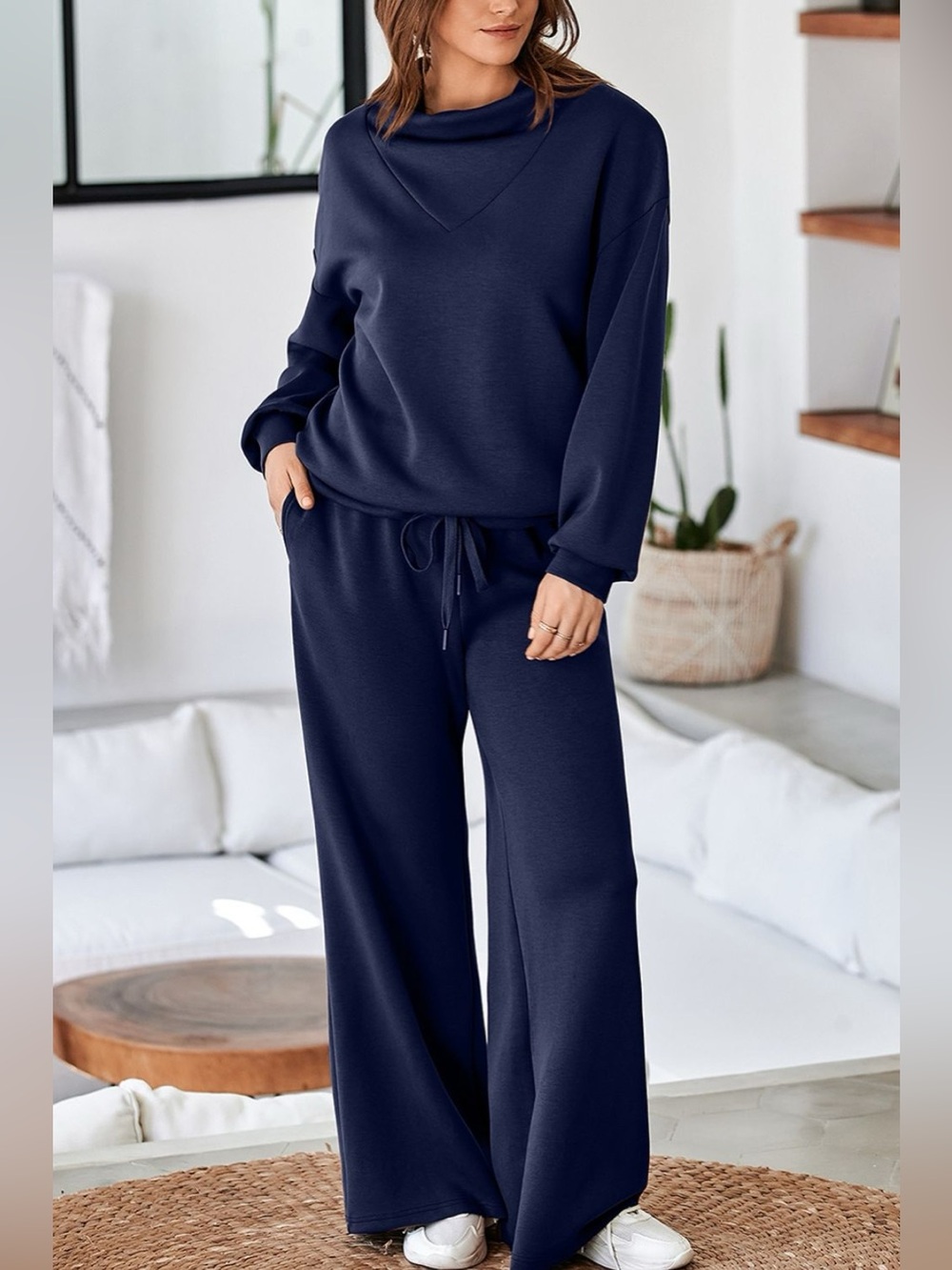 Solid Color Cowl Neck Drawstring Pullover Wide Leg Athleisure Pants Set